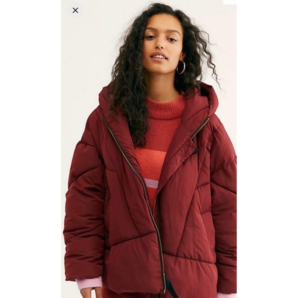 Free People Burgundy Hooded Puffer Jacket